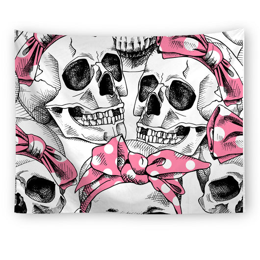 Black tapestry with a repeating pattern of stylized red and yellow skulls and white paint splatters. - Image 29