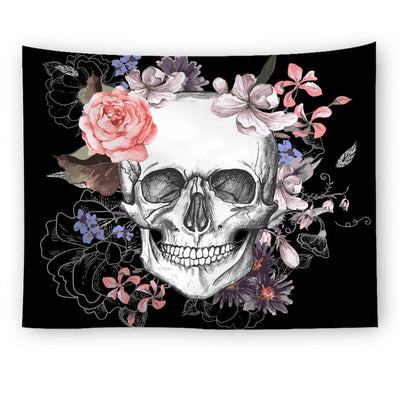Black tapestry with a repeating pattern of stylized red and yellow skulls and white paint splatters. - Image 17