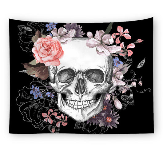 Black tapestry with a repeating pattern of stylized red and yellow skulls and white paint splatters. - Image 17