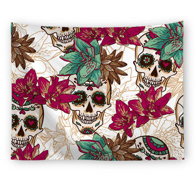 Black tapestry with a repeating pattern of stylized red and yellow skulls and white paint splatters. - Image 22