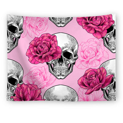 Black tapestry with a repeating pattern of stylized red and yellow skulls and white paint splatters. - Image 21