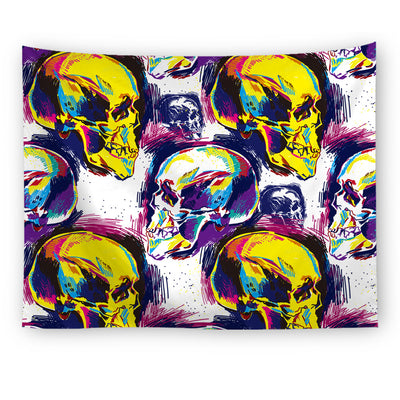 Black tapestry with a repeating pattern of stylized red and yellow skulls and white paint splatters. - Image 25
