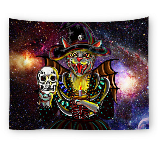 Black tapestry with a repeating pattern of stylized red and yellow skulls and white paint splatters. - Image 30