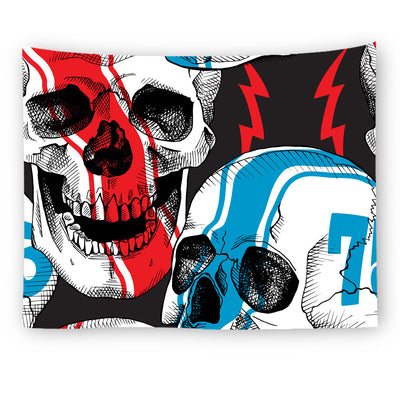 Black tapestry with a repeating pattern of stylized red and yellow skulls and white paint splatters. - Image 31