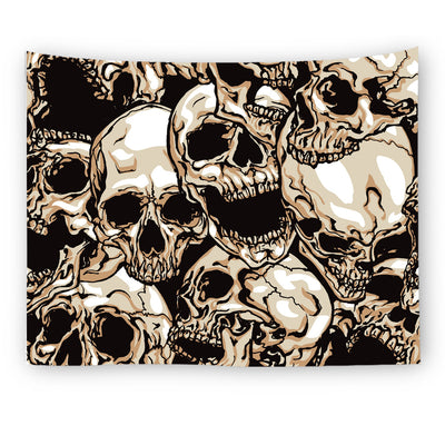 Black tapestry with a repeating pattern of stylized red and yellow skulls and white paint splatters. - Image 27