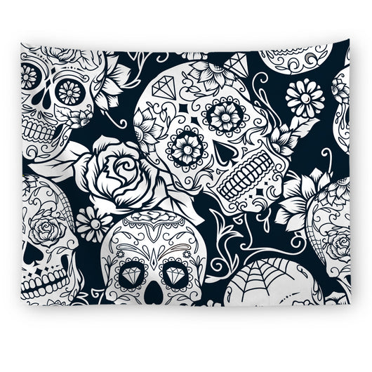 Black tapestry with a repeating pattern of stylized red and yellow skulls and white paint splatters. - Image 28