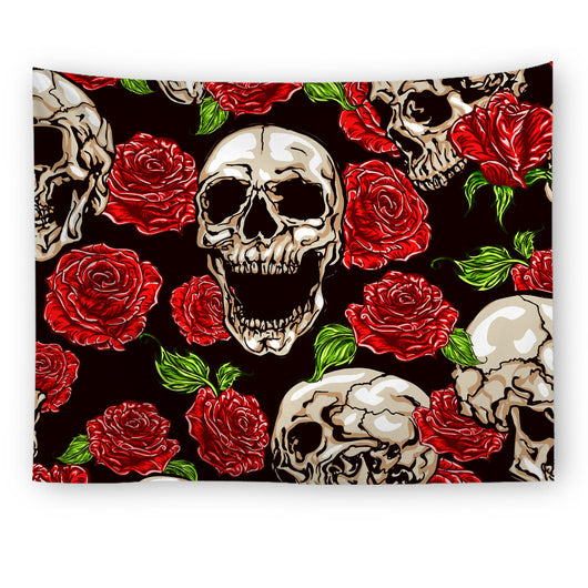 Black tapestry with a repeating pattern of stylized red and yellow skulls and white paint splatters. - Image 4