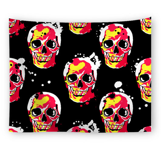 Black tapestry with a repeating pattern of stylized red and yellow skulls and white paint splatters. - Image 5