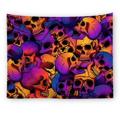 Black tapestry with a repeating pattern of stylized red and yellow skulls and white paint splatters. - Image 10