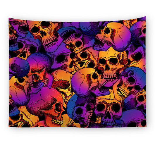Black tapestry with a repeating pattern of stylized red and yellow skulls and white paint splatters. - Image 10