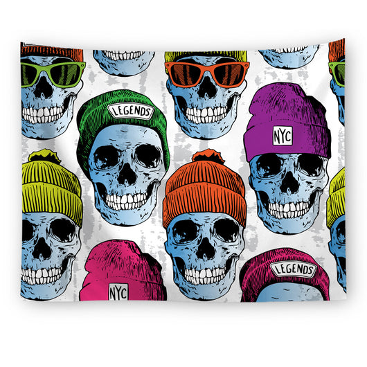 Black tapestry with a repeating pattern of stylized red and yellow skulls and white paint splatters. - Image 7
