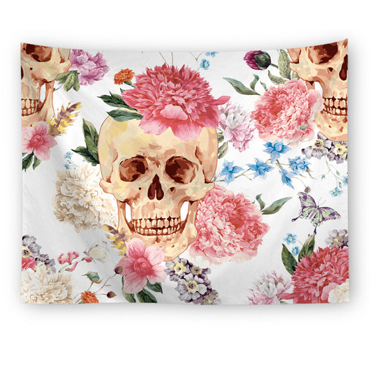 Black tapestry with a repeating pattern of stylized red and yellow skulls and white paint splatters. - Image 3