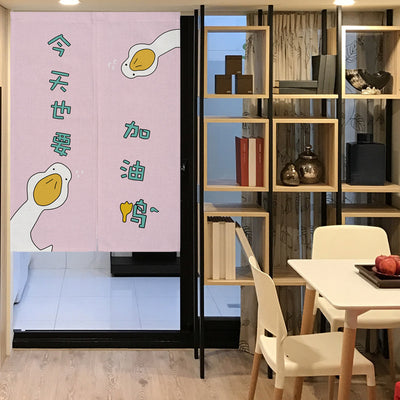 Yellow linen curtain with a cartoon running duck and Japanese characters, suitable for doorways or room dividers. - Image 15