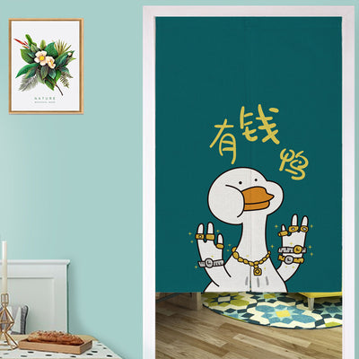 Yellow linen curtain with a cartoon running duck and Japanese characters, suitable for doorways or room dividers. - Image 17