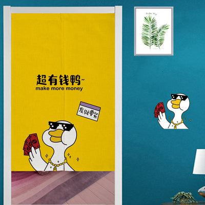 Yellow linen curtain with a cartoon running duck and Japanese characters, suitable for doorways or room dividers. - Image 19