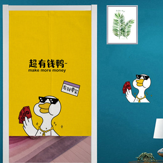 Yellow linen curtain with a cartoon running duck and Japanese characters, suitable for doorways or room dividers. - Image 19