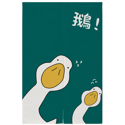 Yellow linen curtain with a cartoon running duck and Japanese characters, suitable for doorways or room dividers. - Image 12