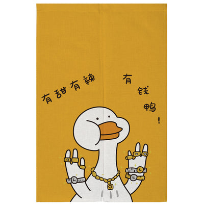 Yellow linen curtain with a cartoon running duck and Japanese characters, suitable for doorways or room dividers. - Image 3