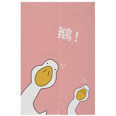 Yellow linen curtain with a cartoon running duck and Japanese characters, suitable for doorways or room dividers. - Image 10