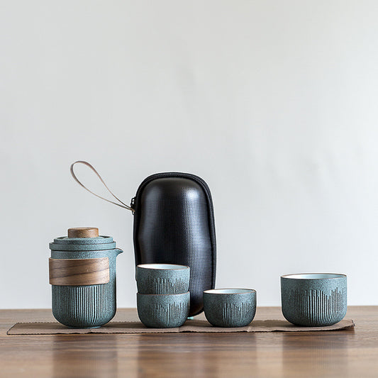 Juego de Té Portátil Cerámica Azulejo Rayado - Tetera y Tazas para Viajes - Image 2