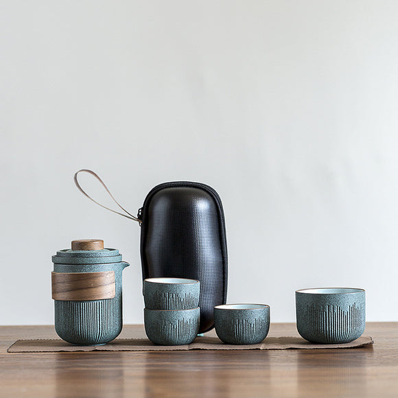 Juego de Té Portátil Cerámica Azulejo Rayado - Tetera y Tazas para Viajes