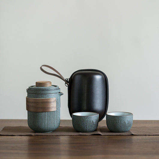 Juego de Té Portátil Cerámica Azulejo Rayado - Tetera y Tazas para Viajes