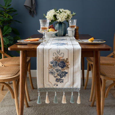 Camino de Mesa Chenilla con Borlas - Mantel Poliéster Personalizable