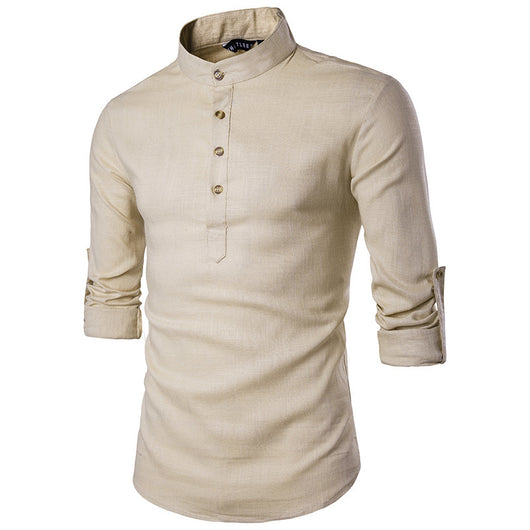 Camisa Manga Larga Cuello Mao Algodón y Lino Color Sólido - Image 8