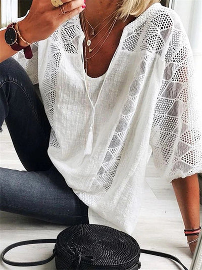 Blusa Elegante con Encaje Europeo y Americano, Cuello U y Mangas 3/4 - Image 3