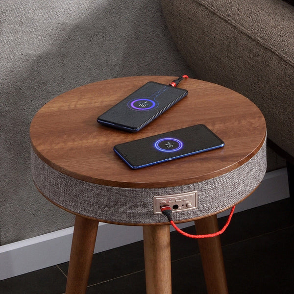 Mesa Auxiliar Redonda con Cargador Inalámbrico y Parlante Bluetooth