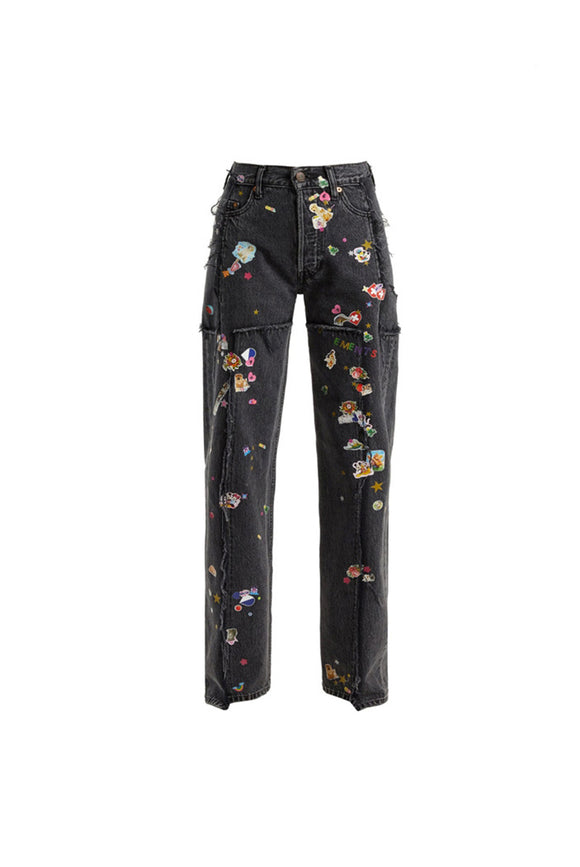 Pantalones Vaqueros Rectos con Estampado Artístico y Detalles Dorados - Estilo Lisa Youth With You 3