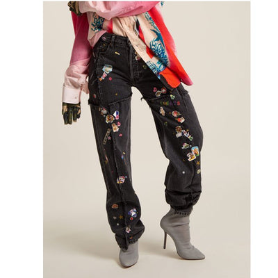 Pantalones Vaqueros Rectos con Estampado Artístico y Detalles Dorados - Estilo Lisa Youth With You 3 - Image 3