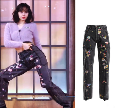 Pantalones Vaqueros Rectos con Estampado Artístico y Detalles Dorados - Estilo Lisa Youth With You 3