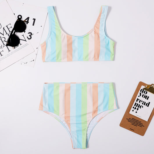 Traje de Baño Deportivo a Rayas Cintura Alta Halter Sexy Estilo Europeo - Image 5