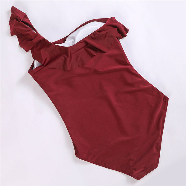 Traje de Baño Bikini Asimétrico con Volantes y Color Sólido