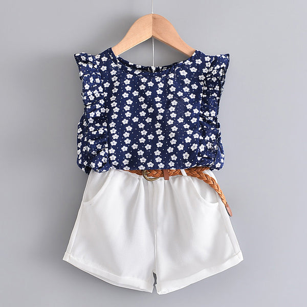 Conjunto Infantil Floral: Playera sin Mangas y Shorts con Cinturón Gratis - Image 2
