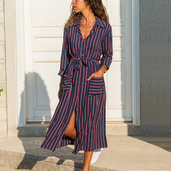 Vestido Talla Grande Manga Larga con Bolsillos Estampados