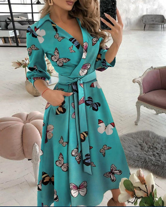 Vestido de Fiesta Elegante Manga Larga Escote en V Estampado - Image 10