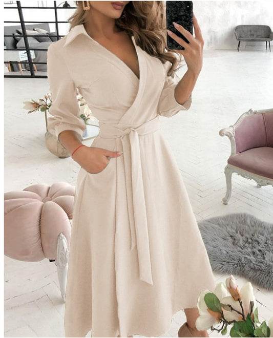 Vestido de Fiesta Elegante Manga Larga Escote en V Estampado