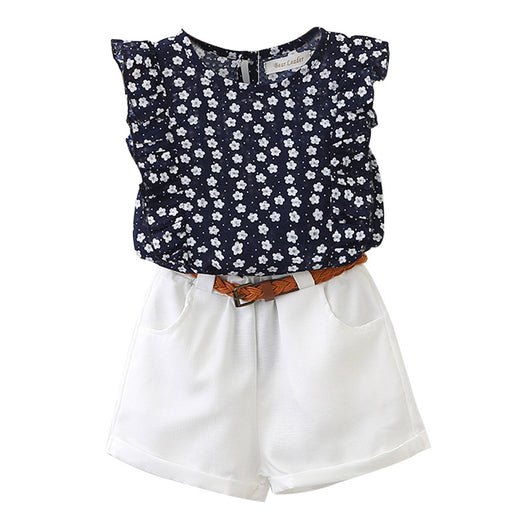 Conjunto Infantil Floral: Playera sin Mangas y Shorts con Cinturón Gratis