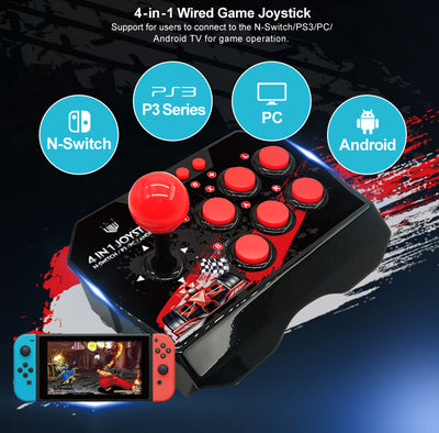Black 4-in-1 wired arcade joystick with red buttons and ball-top, featuring racing graphics for N-Switch and Android games. - Image 13