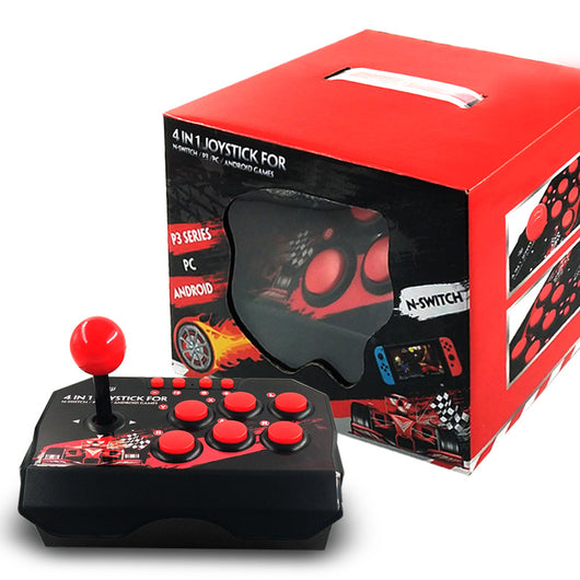 Black 4-in-1 wired arcade joystick with red buttons and ball-top, featuring racing graphics for N-Switch and Android games. - Image 14