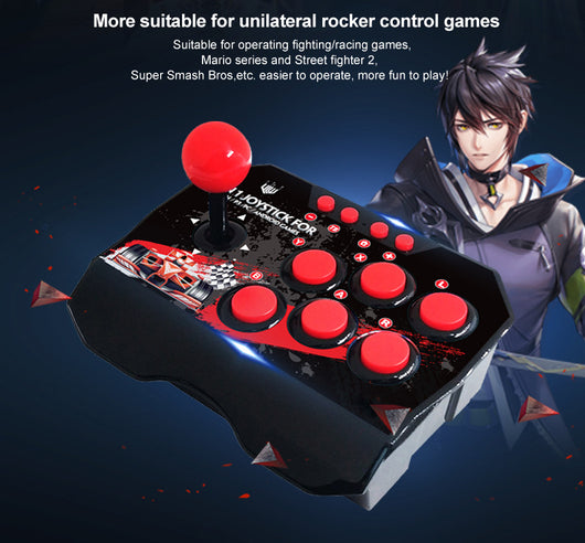 Black 4-in-1 wired arcade joystick with red buttons and ball-top, featuring racing graphics for N-Switch and Android games. - Image 6