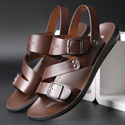 Sandalias Casuales de Cuero Doble Capa con Suela Gruesa - Chanclas Versátiles para Hombre - Image 4