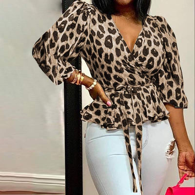 Blusa Suelta Estampado Leopardo Cuello V Manga Larga para Mujer - Image 3
