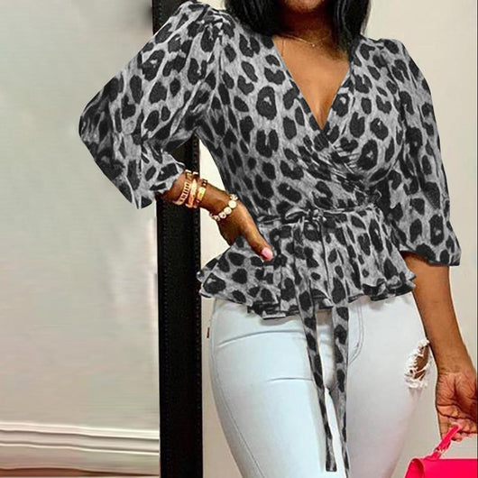 Blusa Suelta Estampado Leopardo Cuello V Manga Larga para Mujer