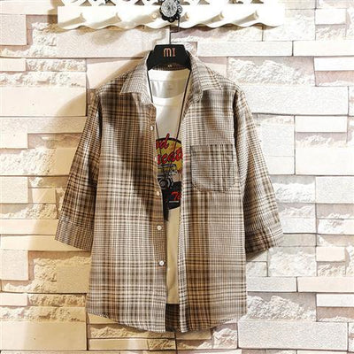 Camisa Casual Holgada a Cuadros de Manga Corta para Hombre