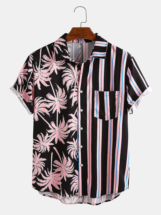 Camisa Casual de Hombre Estampado Coco con Rayas - Manga Corta Perfecta para Vacaciones - Image 2