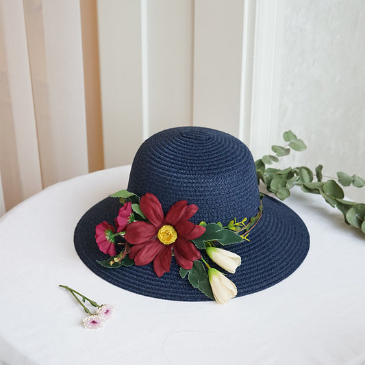Sombrero de Ala Ancha con Flores para Mujer - Protección Solar Verano