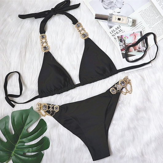 Bikini Morado Halter con Cristales de Diamante para Mujer - Image 28